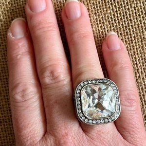 🟣 (2/$20) Beautiful large gem stone fashion stretch ring - silver w/ antiquing